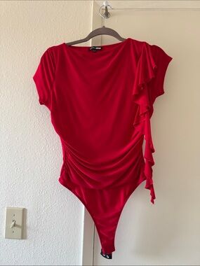 Worthington Red Ruffle-Trim Short Sleeve Bodysuit